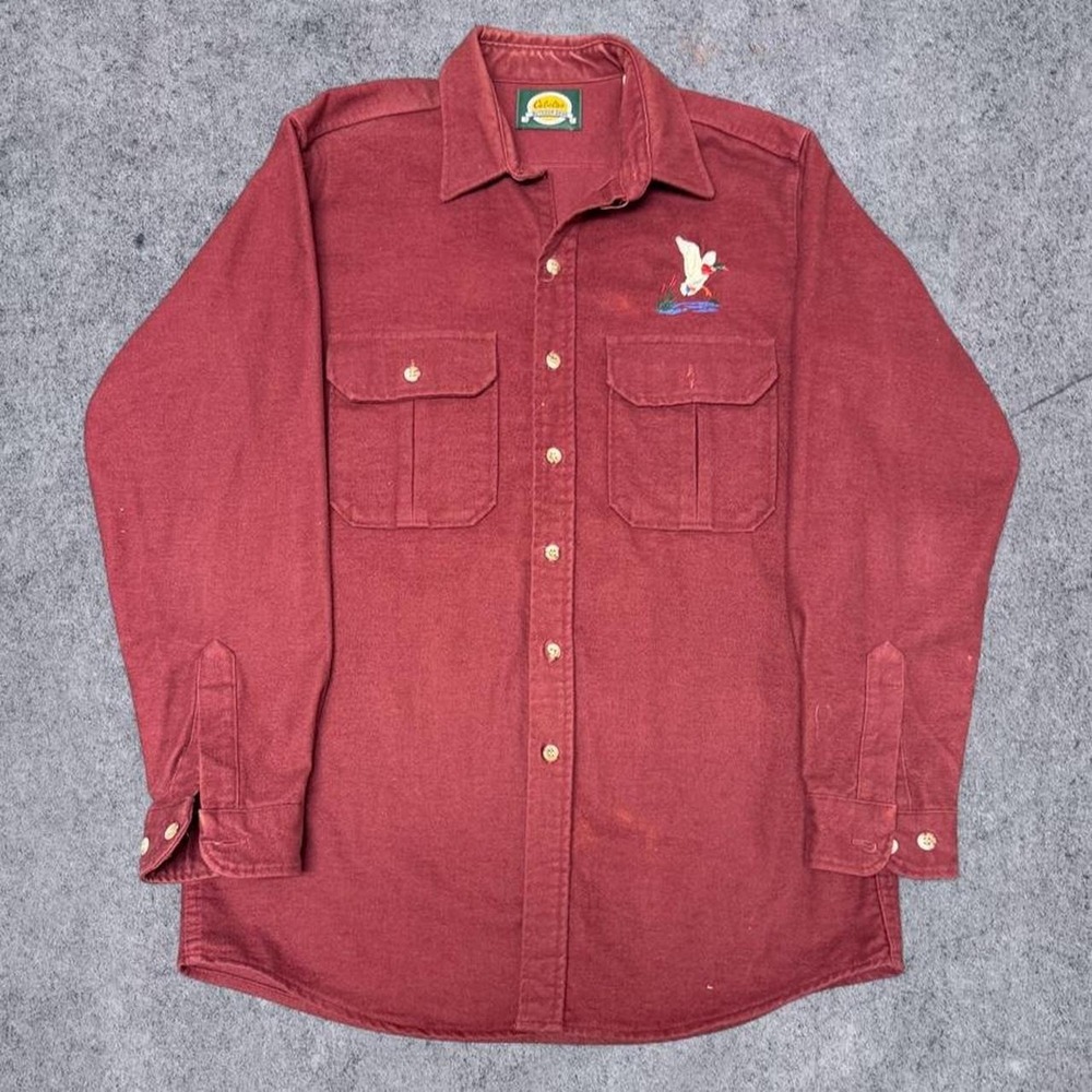 Vintage Cabelas Chamois Shirt Mens LT Maroon Red Duck Embroidered 90s USA